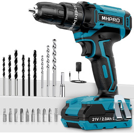 Акумуляторний шуруповерт MHPRO 21V з 2 акумуляторами 2.0Ah, 42Nm, 2 швидкості, 25+3 ступені крутного моменту, патрон 10 мм, LED-ліхтар, 14-ти елементний набір аксесуарів для дому, саду та DIY проектів (Блакитний 21V-1Akku)