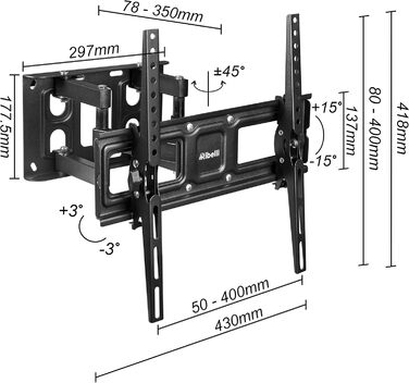 Кріплення для телевізора Ribelli® поворотне та нахильне, VESA 600x400mm, для 32-84 дюймів, до 50 кг, для телевізорів та моніторів (Flat & Curved)