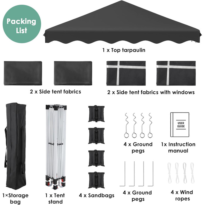 3x3 Gazebo, Waterproof Folding Gazebo Stable, Winter-Proof, UV Protection 50+, 3x3 Folding Gazebo with 4 Side Panels, Adjustable Height Garden Gazebo, Foldable Pavilion Tent for Camping, Parties (Black)