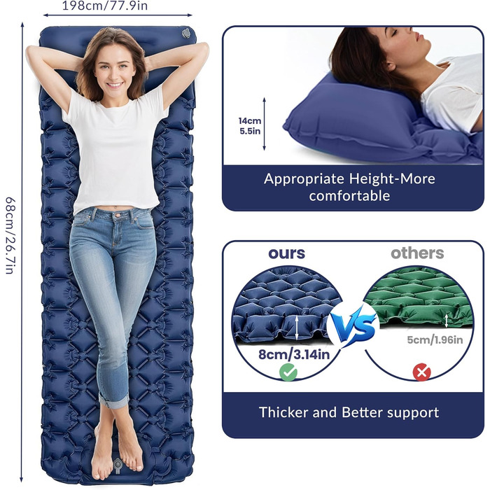 Саморозгортальний килимок Isomatte 8 см, Ultraleicht з подушкою та насосом для ніг, 198 x 68 см, портативний, компактний, для кемпінгу, подорожей, піших прогулянок