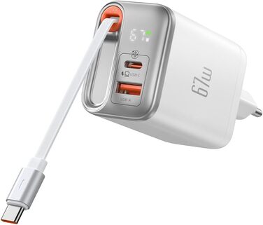 Мсдодо зарядний пристрій USB-C 67W з висувним кабелем, мережевий адаптер, зарядка GaN 3-Port з LED дисплеєм для iPhone, Galaxy, MacBook Pro, iPad