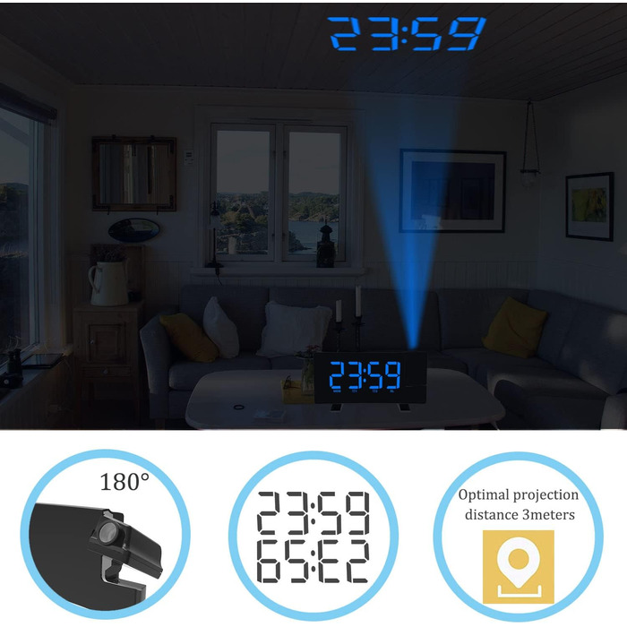 VORRINC Projection Alarm Clock, Digital Alarm Radio with 180° Projection, USB Port, Dual Alarms, Snooze, 12/24H, 3 Projection Brightness with Automatic Dimmer, for Bedroom Ceiling (Blue)
