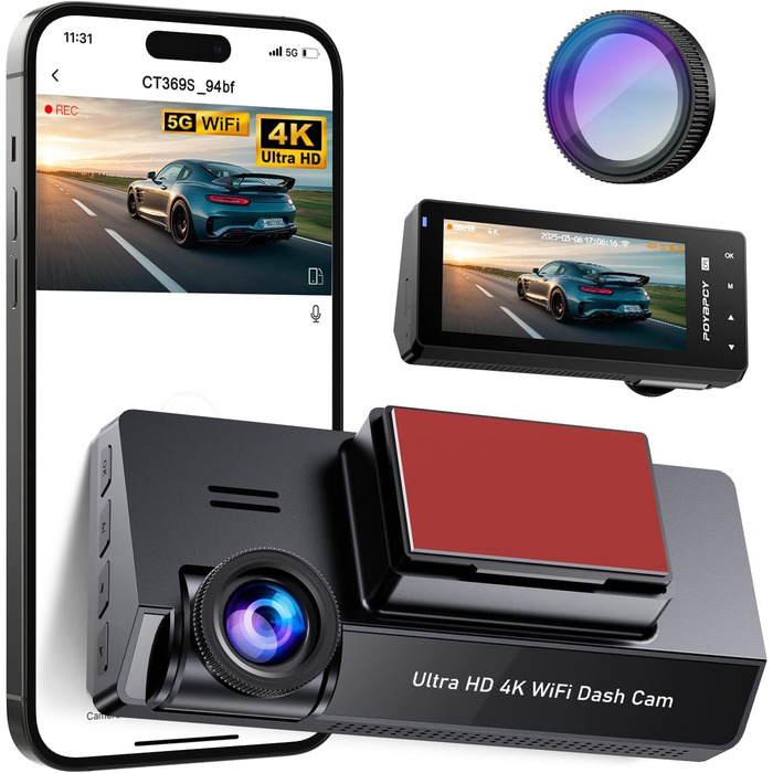 Відеореєстратор у машину 4K+1080P з CPL фільтром, 360°, WiFi, IPS 3.69