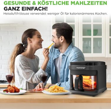 Фритюрниця NutriChef 5.5L біла – електрофритюрниця 8-в-1 з скляною чашею та LED-дисплеєм. Без олії, 360° циркуляція повітря. Для картоплі фрі, курки, овочів та іншого.