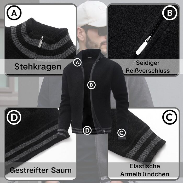 Чоловіча в'язана жилетка з кишенями, стійким коміром, флісовою підкладкою, кардиган, повсякденний зимовий одяг, в'язана куртка з блискавкою, теплий зимовий верхній одяг, чорний, L