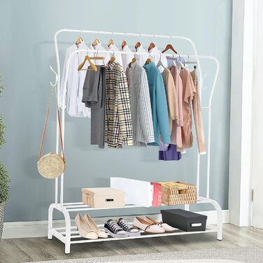 Стійка для одягу на підлозі з металу з полицею для взуття та нижньою полицею, для спальні. Металева стійка для одягу з подвійними вішалками (біла)