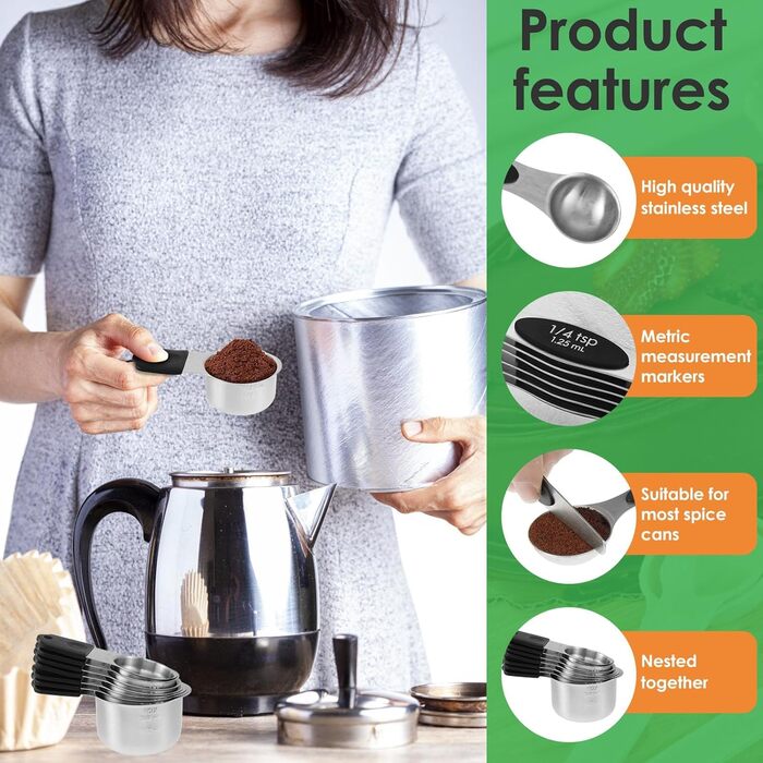 Magnetic Measuring Cup and Spoon Set with Strong Magnets, Durable Stainless Steel Measuring Cup and Spoon Set, Fits Most Kitchen Spice Jars for Baking and Cooking, 15-Piece Set with