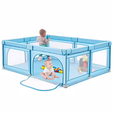COSTWAY 205 x 147cm Playpen for Baby with Mattress, Foldable Baby Playpen, Playard with 50 Balls, 2 Doors, Breathable Mesh & Zipper, Play Tent for Infants & Toddlers (Dark Grey)