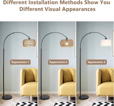 Rayofly Торшер для вітальні Bogenlampe в стилі бохо з ротанговим абажуром, диммований торшер з пультом та LED-лампочкою, управління через додаток, чорний