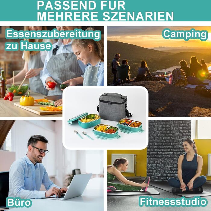 Ланчбокс Lille Home з 4 відділеннями, 1650 мл, з посудом, BPA-free, не протікає (зелений)