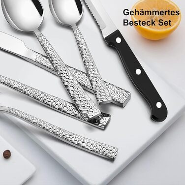 Homikit Cutlery Set, 36-Piece Cutlery Set with Steak Knives, Stainless Steel Polished Eating Cutlery for 6 People with Spoon, Knife, Fork, Hammered Flatware, Rust-Proof & Dishwasher Safe