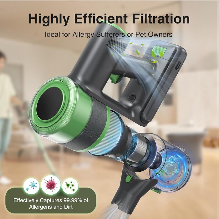 Акумуляторний пилосос 30000 Па, бездротовий пилосос з часом роботи 60 хв, тихий акумуляторний пилосос з LED-дисплеєм/антизаплутувальною насадкою, 450 Вт ручний пилосос для твердих поверхонь, килимів та шерсті тварин