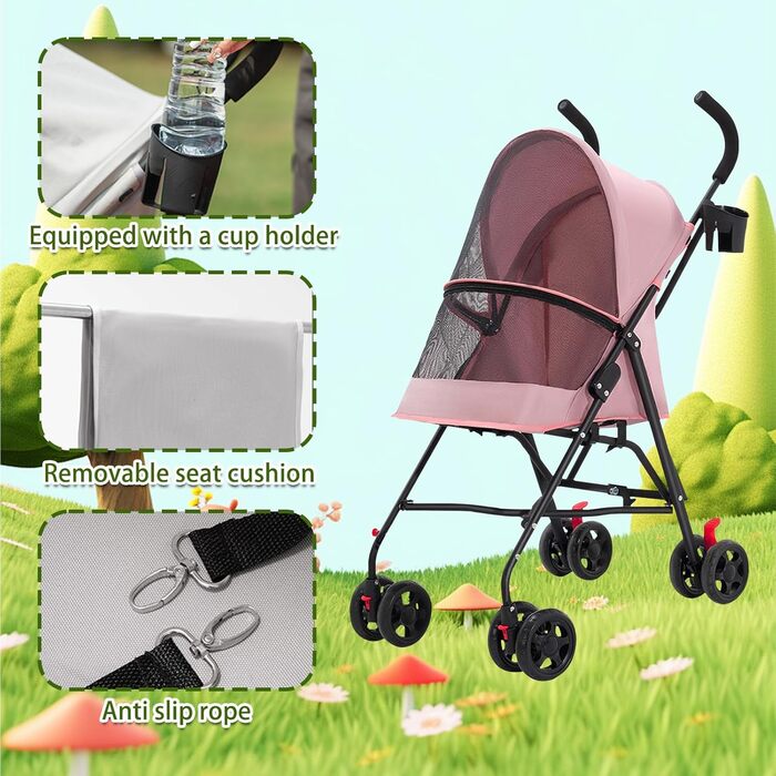 Візок для собак Homewell 2в1, прогулянковий візок для тварин з підсклянниками, переноска для собак, складаний, з гальмом та захистом від дощу, візок-джерсі для домашніх тварин (Рожевий)