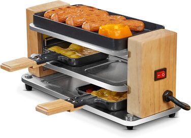 Електричний міні-гриль Raclette COKLAI на 2 особи, антипригарна рифлена пластина, 2 сковорідки та дерев'яна лопатка, 300 Вт, натуральне дерево