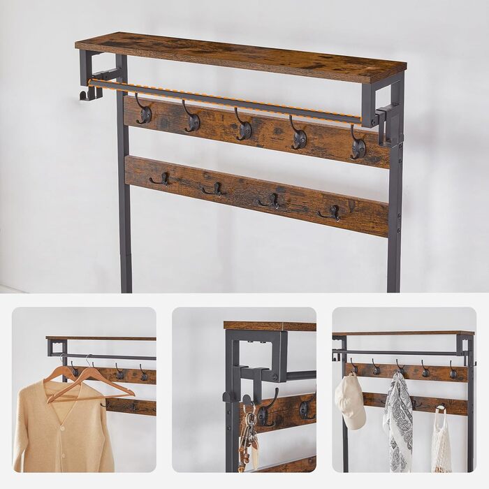HOOBRO Coat Rack with Shoe Storage, Shoe Shelf with Coat Rack, Clothes Rack with 5-Tier Shoe Storage, Coat Rack with Shoe Cabinet, Adjustable Metal Grid Shelf, Greige EBG75MT01 (Vintage Brown + Black)
