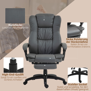 Vinsetto Office Chair Executive Swivel Chair with Footrest and Headrest, Ergonomic Chair, Vibration Desk Chair with Reclining Function, Massage Function, Faux Leather, Dark Grey, 68.5x68.5x113-121cm | Aosom