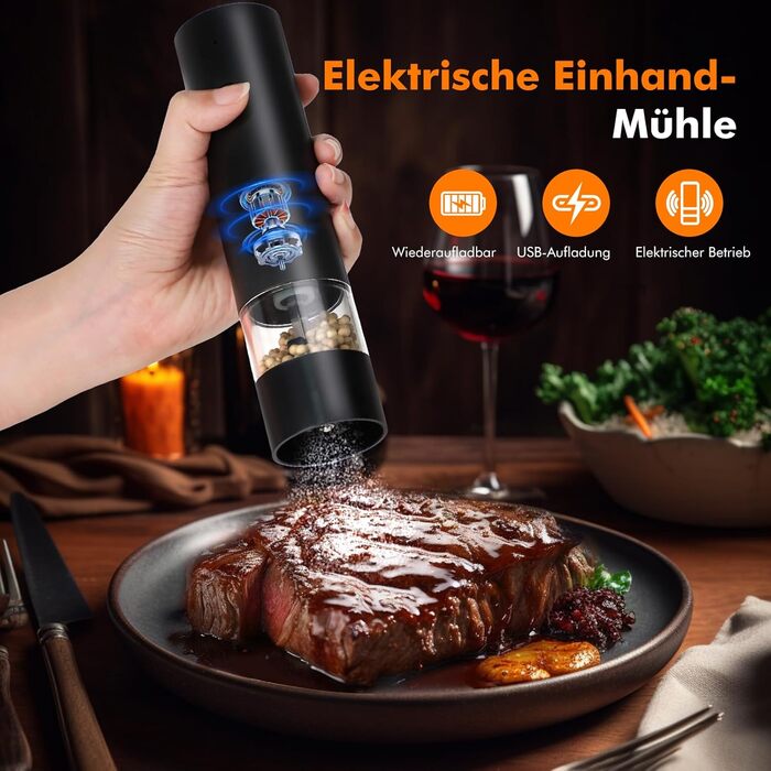 Електричні соляні та перечні млини з USB-зарядкою, регульована ступінь помелу, для кухні, пікніка, грилю