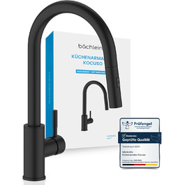 Кухонний змішувач Bächlein Plivo з нержавіючої сталі (щіткова обробка) – одноручний висувний кран для кухні з поворотним виливом 360° (матова чорна обробка)
