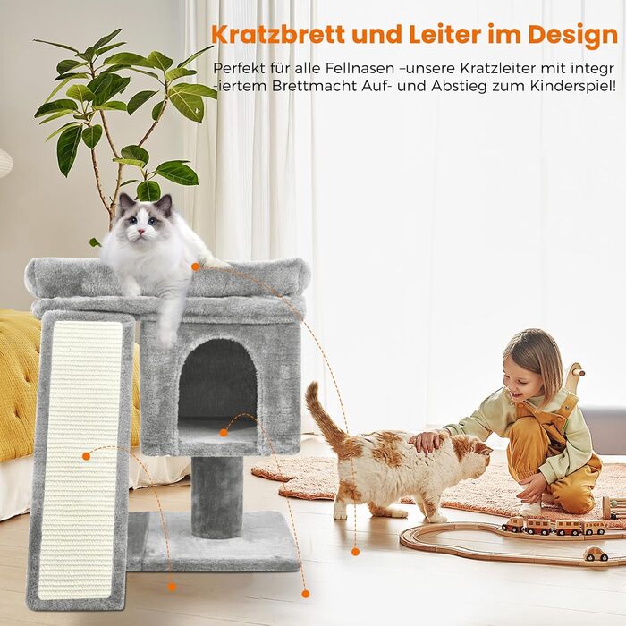 Дряпальня для котів великих порід, 60 см, сірий, з платформою, сизаль, пандус, будиночок, м'ячики, щітка