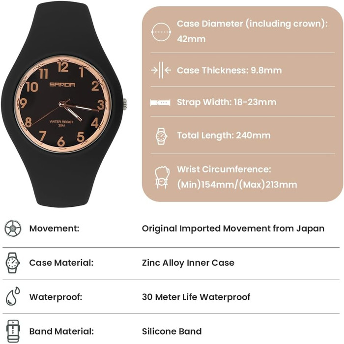 Жіночий годинник: аналоговий кварцовий годинник на силіконовому ремінці. Спортивний годинник для студентів та дорослих, чорного кольору.
