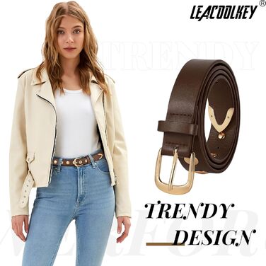 Жіночий шкіряний ремінь LEACOOLKEY для джинсів та штанів, з пряжками, стильний ремінь з нітями, розмір M (82-91 см) та S (66-81 см)