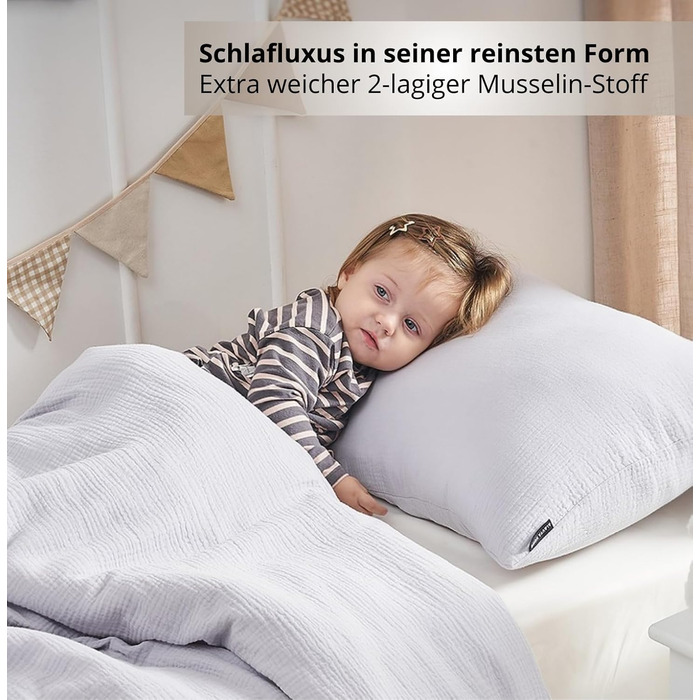 Набір постільної білизни для дитячого ліжечка Kinderbettwäsche: 2 шт. (100x135 см, 40x60 см) | Органічна бавовна, сертифікат ÖkoTex, для алергіків | Набір постільної білизни з мусліну для дітей | Сірий колір