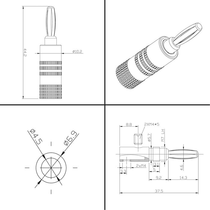 Попстар 12 шт. Бананові штекери High End (до 4 мм², 24k позолота, алюмінієвий корпус, 6чорний, 6червоний)
