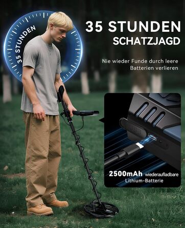 Металошукач SUNPOW для дорослих – водонепроникний, з лопатою, рюкзаком та навушниками, IP68, 11' Dual-D, 35h Li-Akku, 10 рівнів чутливості, 4 режими пошуку, 7-Metall ID, A-Schwarz