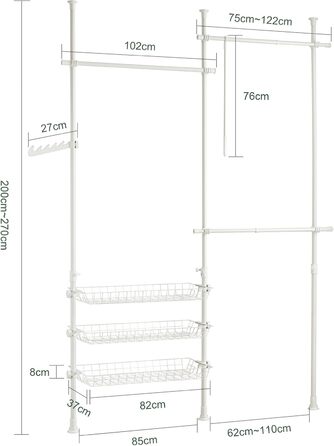 SoBuy Regal System with 3 Clothes Rails and 3 Baskets Telescopic Wardrobe System Adjustable Organization System FRG34-SCH (White)