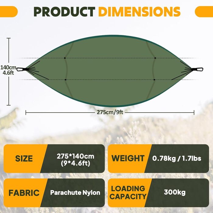 Гамак-москітна сітка NATUREFUN для кемпінгу, 300 кг, армійний зелений (275 x 140 см), швидковисихаючий нейлон, 2 карабіни, 4 шлейки