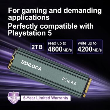 SSD накопичувач внутрішній 2 ТБ PCIe Gen4 NVMe M.2 2280 з радіатором, 4800 МБ/с, 3D NAND TLC, для ПК та PS5