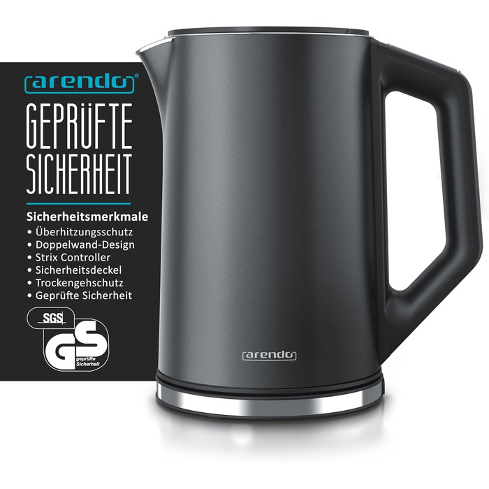 Arendo - Stainless Steel Kettle with Temperature Setting 40-100 Degrees in 5-Degree Increments - Double-Walled Design - Model ELEGANT - 1.5 Liter - 2200 W - Tea Kettle with Temperature Display - GS - Black (G: Pearl Grey)