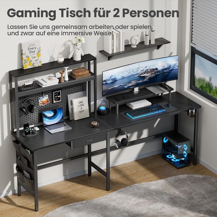 Ігровий стіл кутовий 150x100 см з 3 розетками та 2 USB, реверсивний, з LED підсвічуванням, з ящиками та підставкою для монітора, чорний