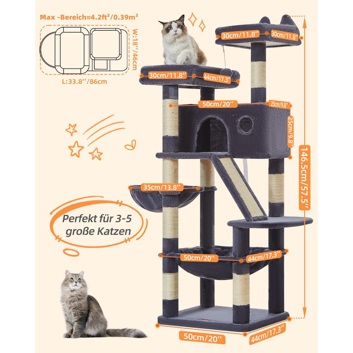 Дерев'яний комплекс для котів Taoqimiao MS026W (темно-сірий, 146 см) з будиночками, гамаком та 8 стовпчиками для шліфування кігтів