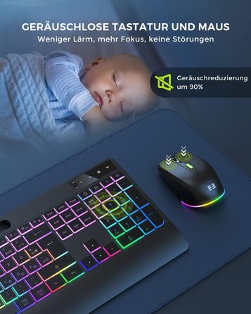 Бездротовий комплект клавіатури та миші Seenda JPX006 з підсвічуванням, USB/Type-C, QWERTZ, з підставкою для телефону та підкладкою для зап'ястя, для PC/Windows/Mac, тихий клік, чорний