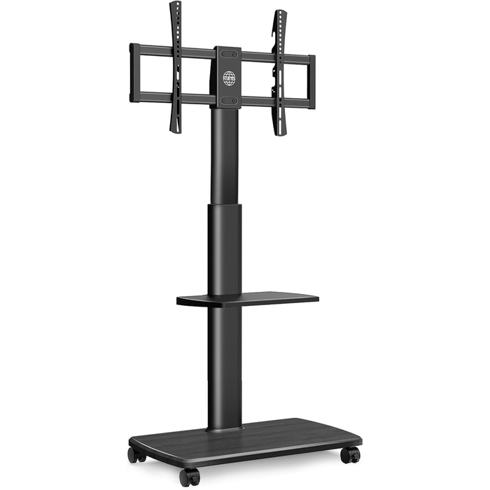 FITUEYES Rolling TV Stand with Wood Shelf - Adjustable Height & Swivel - Fits 32-70 inch TVs up to 40kg, VESA 400x600 - White/Black