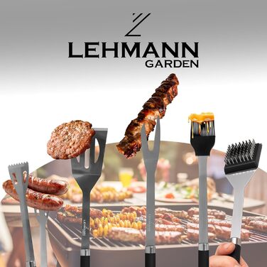 Набір гриль-посуду Lehmann з нержавіючої сталі в кейсі | Комплект аксесуарів для гриля з лопаткою, виделкою та щипцями | Ідеальний подарунок для чоловіків та жінок