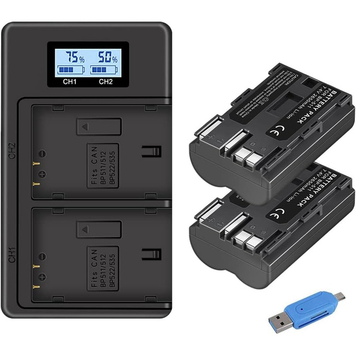 CITYORK 2 x Акумулятор BP-511 2650mAh + Подвійний USB Зарядний пристрій для Canon EOS 5D, 50D, 40D, 20D, 30D, 10D, Digital Rebel, D60, 300D, D30