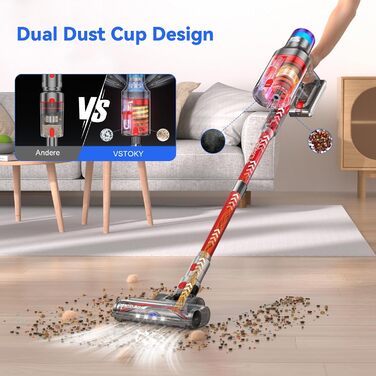 Бездротовий пилосос VSTOKY V15 ProMax: потужний акумуляторний пилосос для дому, килимів та твердих поверхонь, 600W, 58kPa, 75 хвилин роботи, подвійний контейнер для сміття, автоматичний режим, видалення шерсті тварин