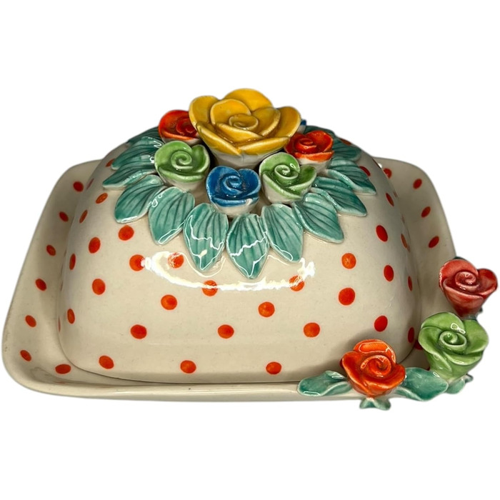 Ceramic Butter Dish with Lid, Colorful, Hand-Painted (Polka Dot Roses)