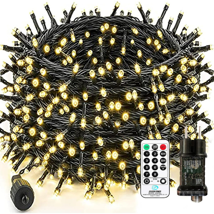 LED ліхтарна гірлянда для дому та на вулицю, 100 LED, з пульт дистанційного керування, таймер, водонепроникність IP65, тепле світло, 65 м