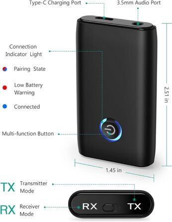ORIA Bluetooth 5.3 Аудіоадаптер 2-в-1 з AUX, для навушників, колонок, ноутбуків, чорний
