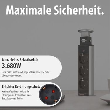 Вбудований подовжувач Brennenstuhl Tower Power на 3 розетки, 2м, вмонтовувана настільна розетка, алюміній/чорний