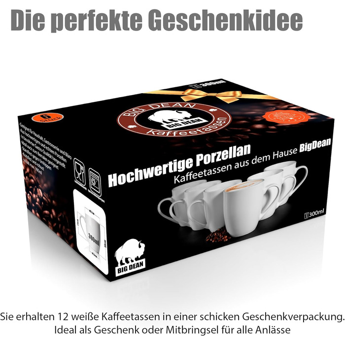 6 порцелянових чашок для кави 300 мл - набір з 6 чашок, білі, для розмальовування, у подарунковій коробці