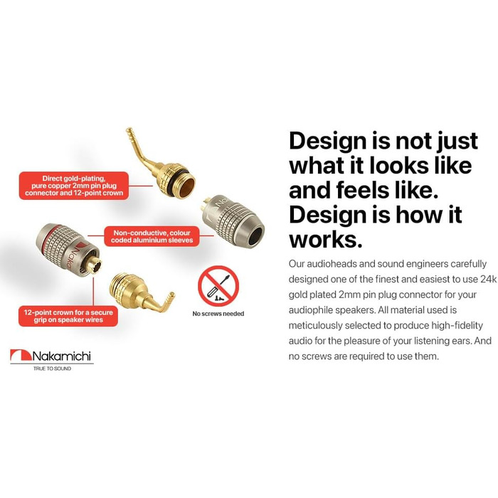 Бананові роз'єми Nakamichi FanLock Excel-Serie, 24K позолочені штекери 2мм для акустичних кабелів Hi-Fi, 10-18 AWG, 4мм, 4 шт (2 пари)