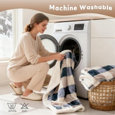 Плед Sherpa-fleece з плюшу, двосторонній, сіро-блакитний в клітинку, 150 x 200 см