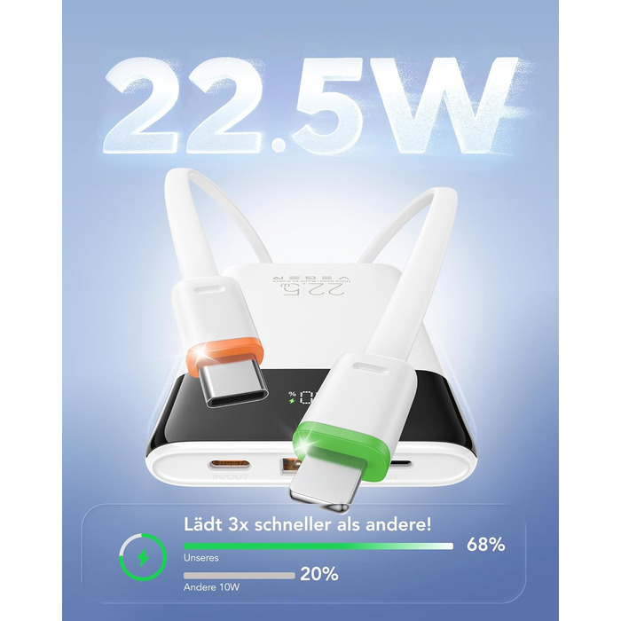 Повербанк VEGER 10000mAh 22.5W з вбудованим кабелем USB-C, швидка зарядка, білий