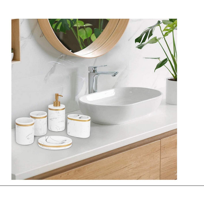 Набір аксесуарів для ванної кімнати 5 шт. з імітацією мармуру (білий + золото/чорний), включає: дозатор мила, стакан для зубної щітки, мильниця, тримач для зубних щіток, набір для ванної кімнати