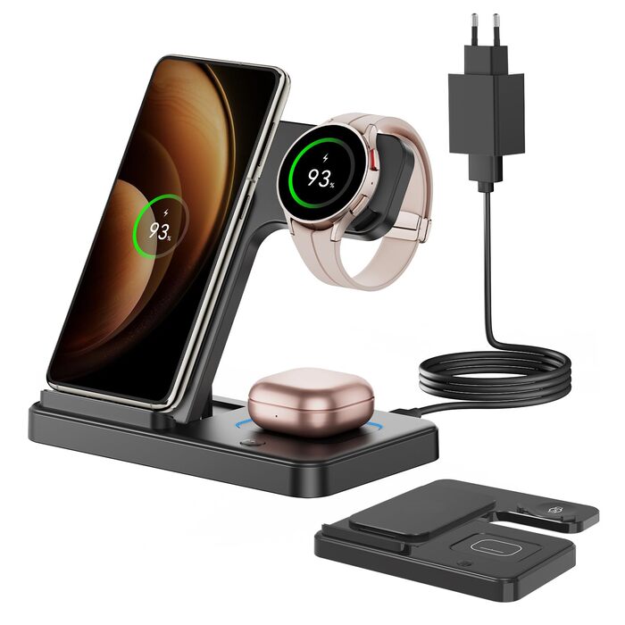 Бездротова зарядка GEEKERA 3-в-1 для Samsung: S25/S24/S23/S22, Galaxy Watch 8/7/6/5/4/3, Galaxy Buds (Чорний)