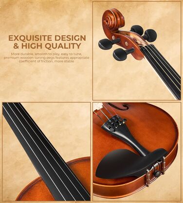 Скрипка Vangoa 4/4 з масиву дерева, набір для початківців, акустична, з кейсом, підставкою, смолою, струнами, інструкцією, демпфером, наклейками для нот, для дорослих, дітей та підлітків